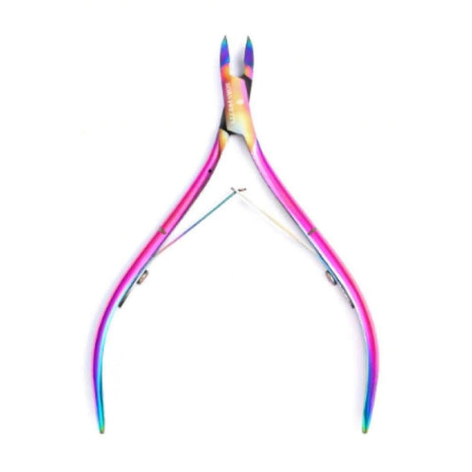 Professional stainless steel cuticle nippers with a vibrant rainbow finish and precision angled blades.