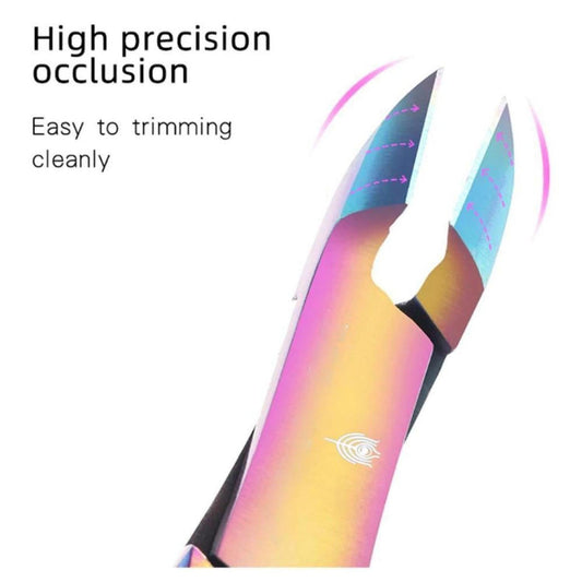 Rainbow stainless steel cuticle scissors with a precision-angled head for clean nail trimming.