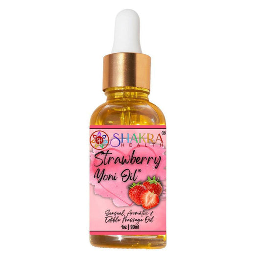 Shakra Health strawberry yoni oil in a 30ml glass dropper bottle with a gold cap and pink botanical label.
