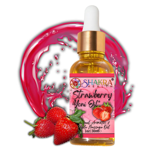 30ml bottle of Strawberry Yoni Oil with a gold dropper, featuring a pink label and fresh strawberries against a red splash.