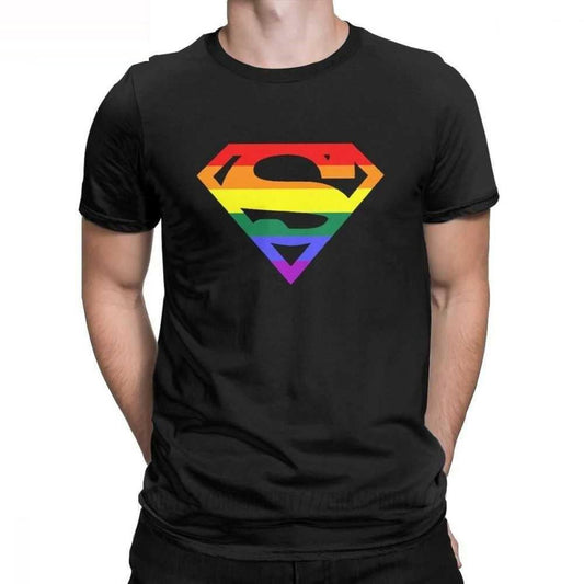 Black crew-neck t-shirt featuring a rainbow-colored Superman-style logo on the chest.
