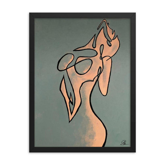 Contemporary line art of a feminine torso in peach tones against a sage green background, framed in black.