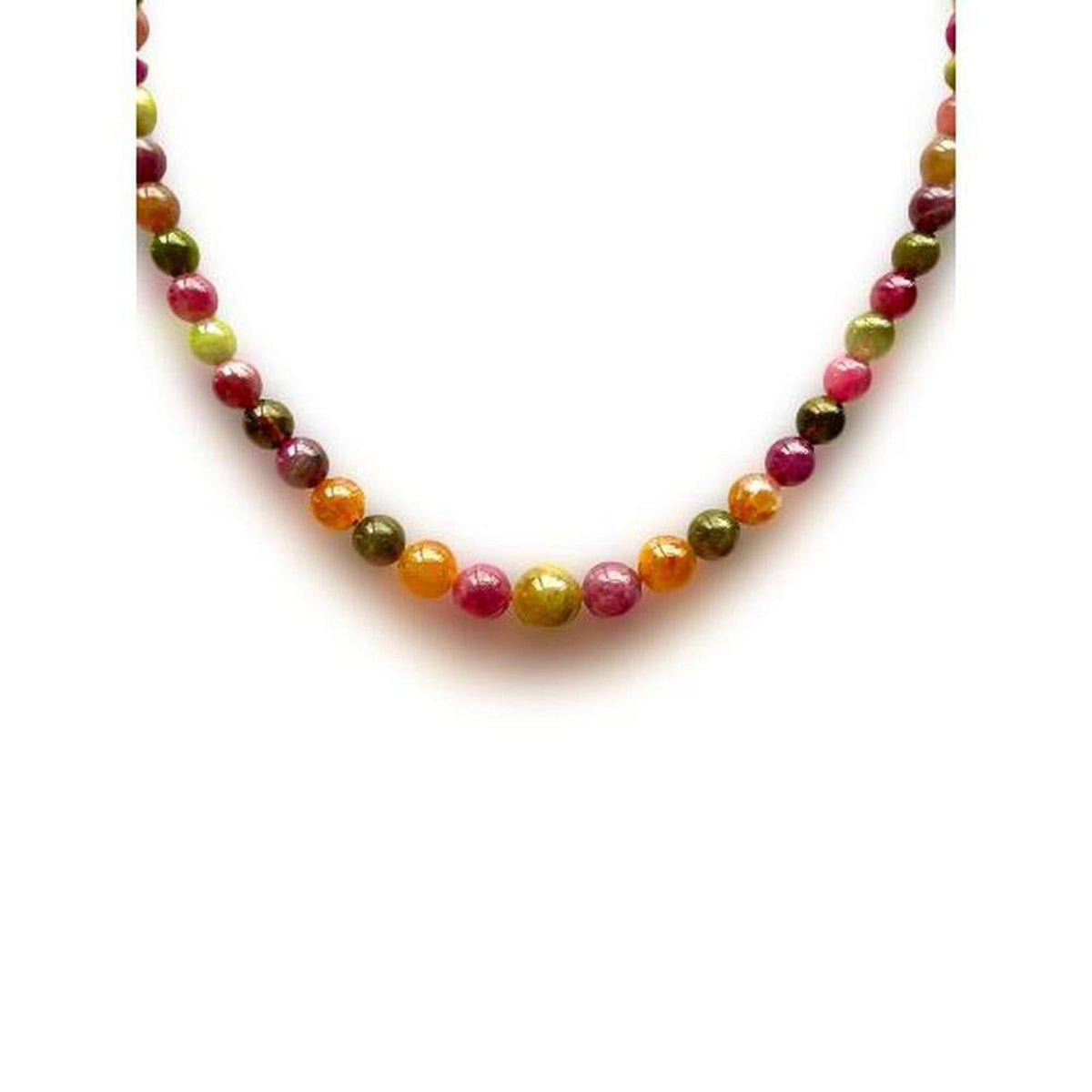 Multi-colour tourmaline gemstone bead necklace featuring earthy pink, green, and orange tones on a delicate string.