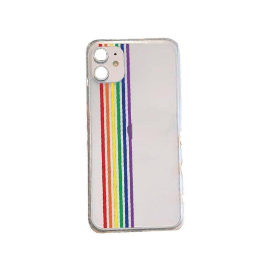 Slim transparent silicone iPhone case featuring vertical rainbow pride stripes on the left side.