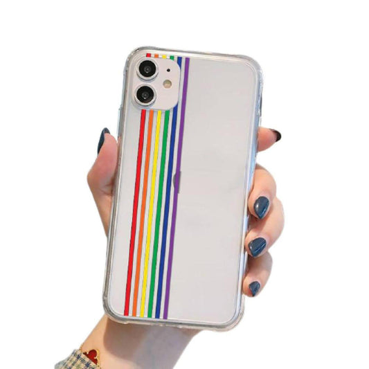 Slim transparent silicone iPhone case featuring vertical rainbow pride stripes held in a hand.
