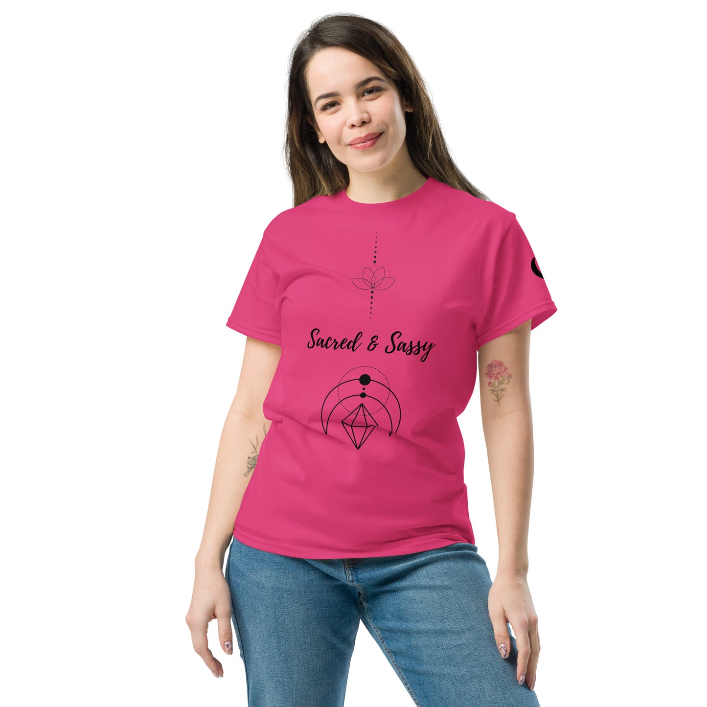 Sacred & Sassy T-Shirt | Unisex Wellness Tee - Sacred Remedy UK - The Sacred & Sassy classic tee: 100% cotton, unisex, 5 vibrant colours. Elevate your look & spirit. Find unique wellness apparel at Sacred Remedy UK today! Buy Now at Sacred Remedy