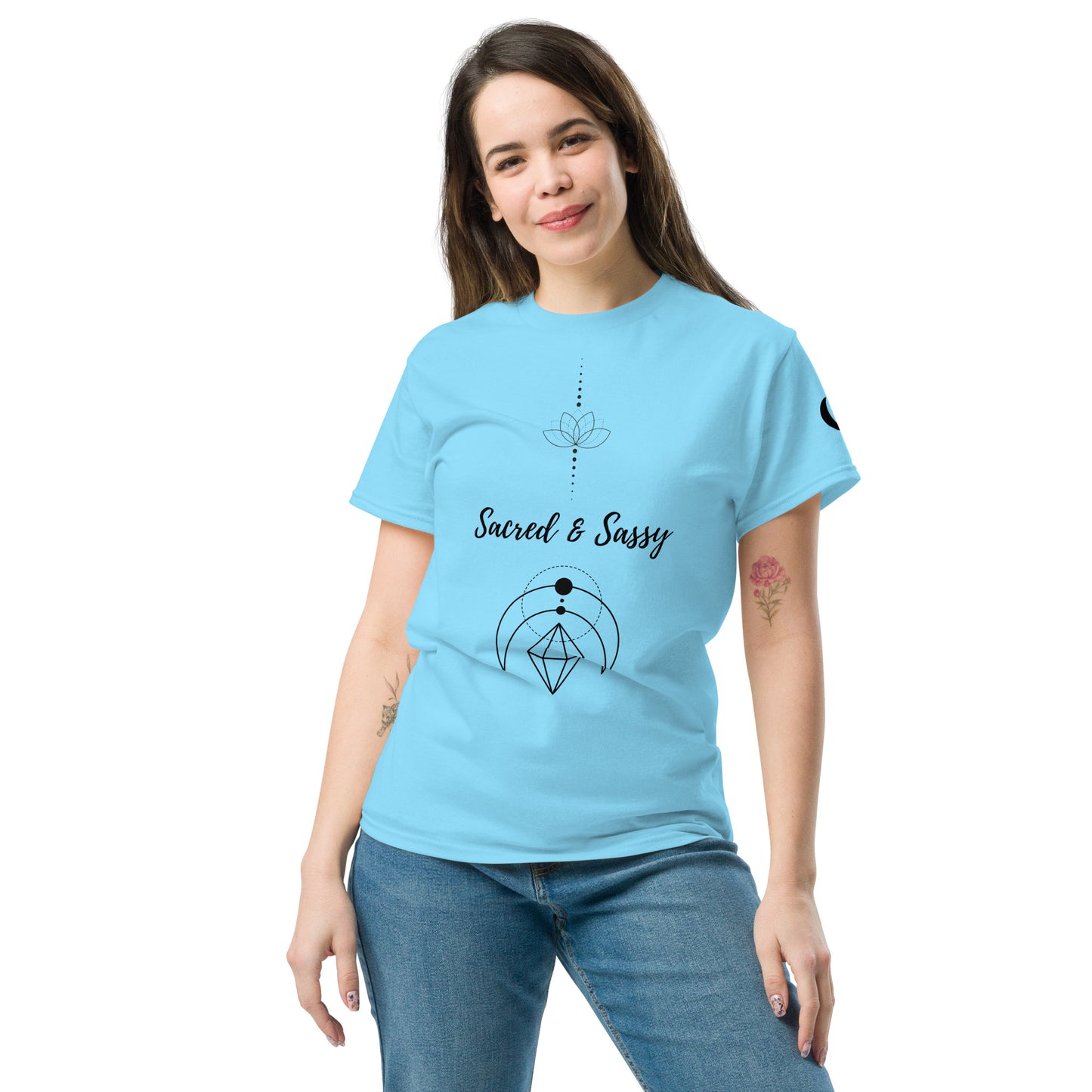 Sacred & Sassy T-Shirt | Unisex Wellness Tee - Sacred Remedy UK - The Sacred & Sassy classic tee: 100% cotton, unisex, 5 vibrant colours. Elevate your look & spirit. Find unique wellness apparel at Sacred Remedy UK today! Buy Now at Sacred Remedy
