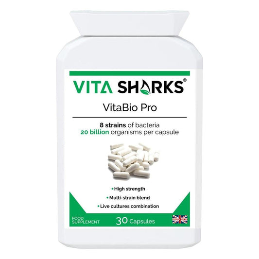 White bottle of VitaBio Pro probiotic capsules with green branding, 30-count label, and 20 billion organisms per capsule.