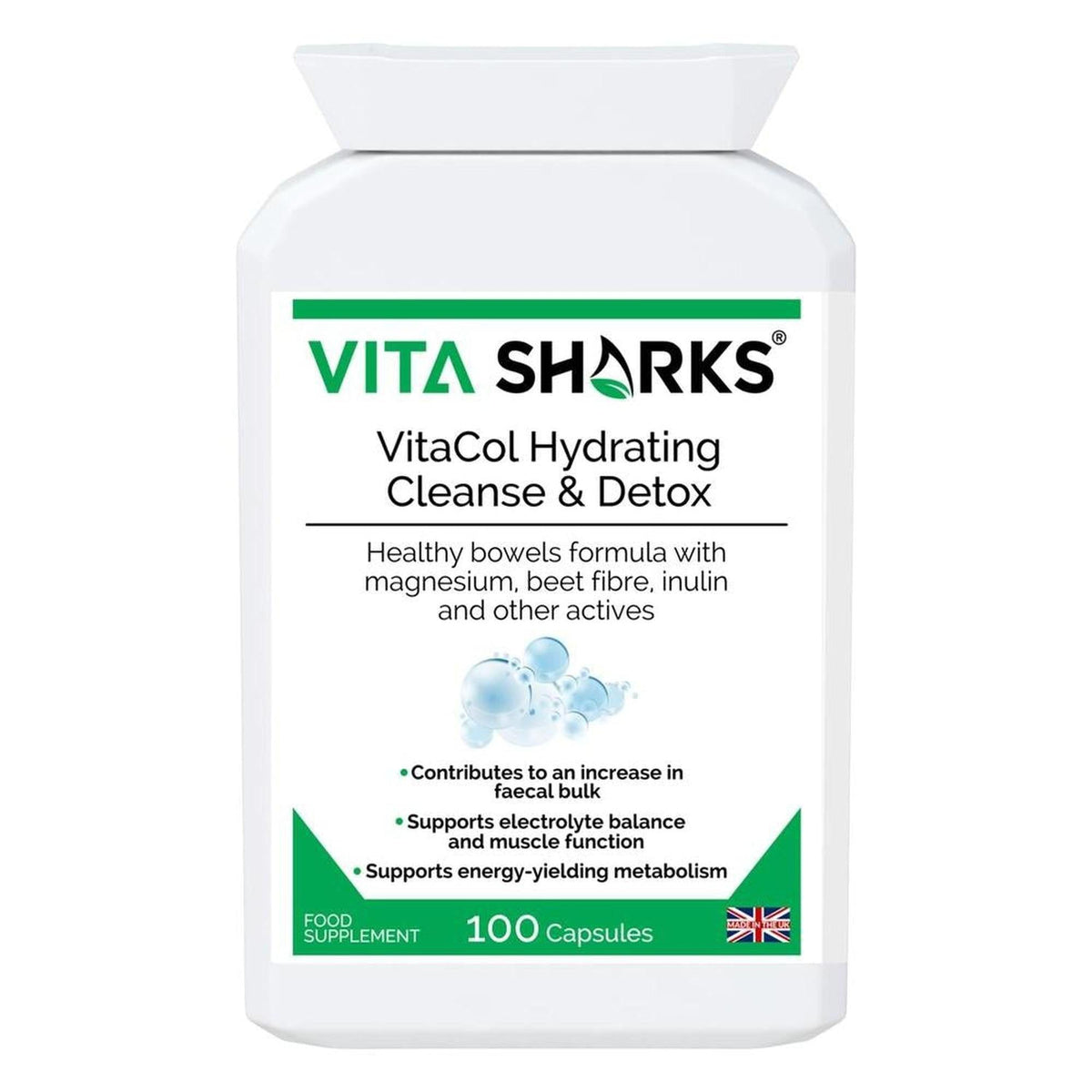 White plastic bottle of VitaCol Hydrating Cleanse & Detox capsules with green and black text on a clean white label.