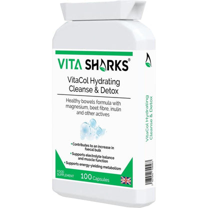 White plastic bottle of VitaCol Hydrating Cleanse & Detox capsules with green branding and 100-count label.