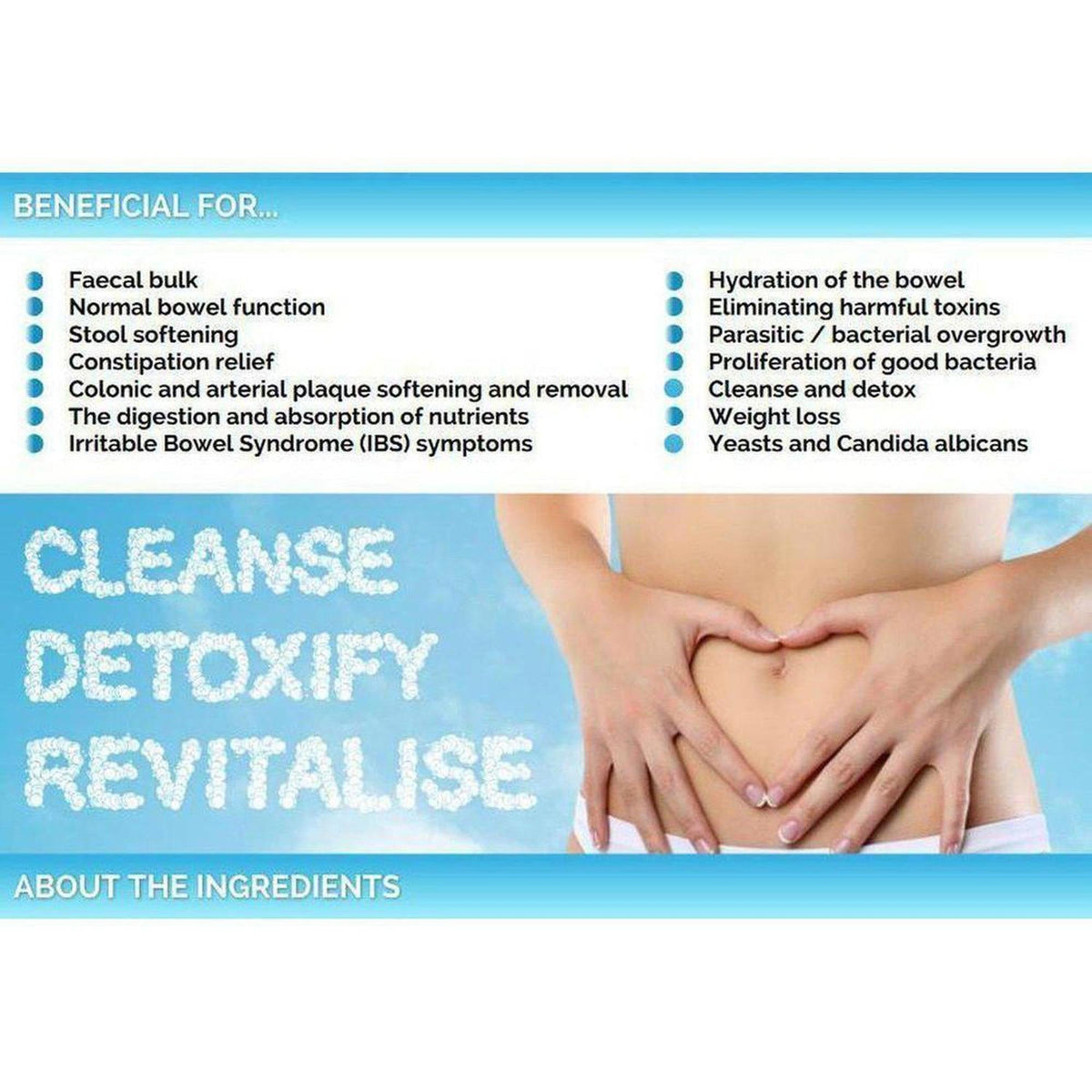 Infographic listing health benefits of VitaCol cleanse with a person holding their stomach in a heart shape.