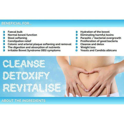 Infographic listing health benefits of VitaCol cleanse with a person holding their stomach in a heart shape.
