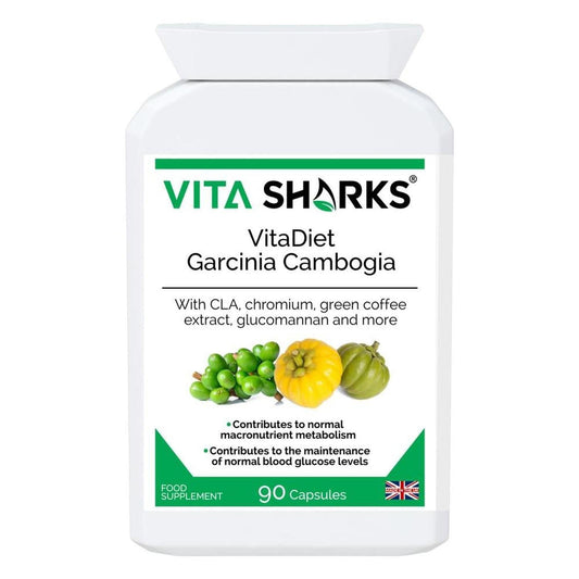 White bottle of VitaDiet Garcinia Cambogia capsules with a green and white label featuring fresh Garcinia fruit imagery.