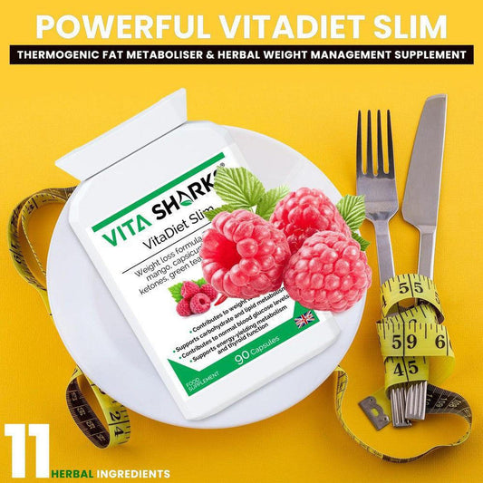 VitaDiet Slim supplement bottle with raspberries, a fork, and a yellow measuring tape on a yellow background.