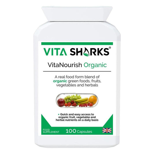 White bottle of VitaNourish Organic 100 capsules with a label featuring fresh fruit and vegetable imagery.