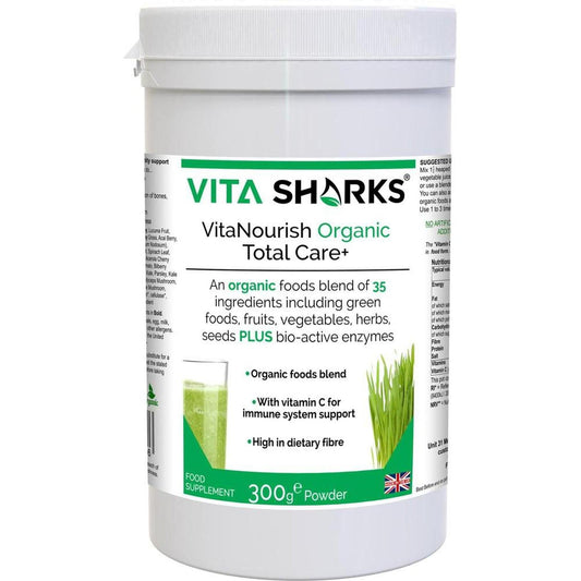 VitaNourish Organic Total Care+ 300g white tub with green label, text details, and a glass of green superfood powder drink.