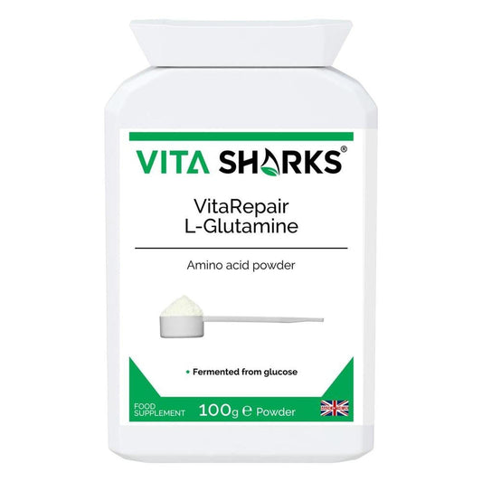 White VitaRepair L-Glutamine supplement bottle with a green logo, measuring scoop, and 100g powder label.