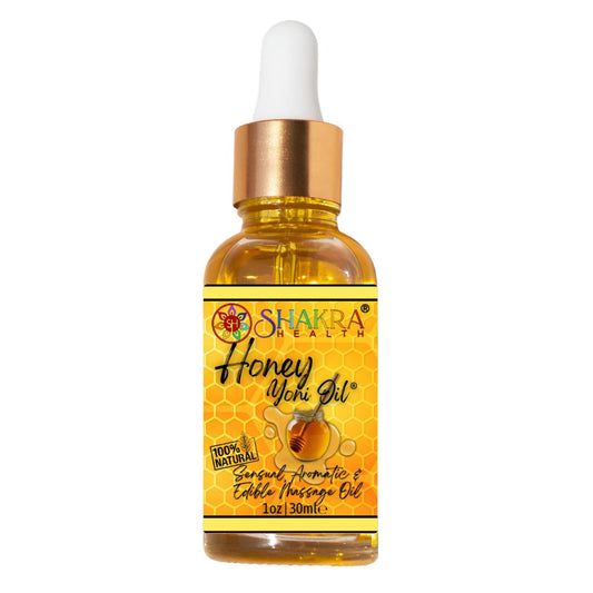 30ml bottle of Honey Yoni Oil with a gold dropper cap and yellow honeycomb-patterned label on a white background.