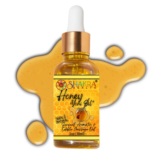 Honey Yoni Oil in a 30ml glass dropper bottle with a gold cap, set against a golden honey splash background.