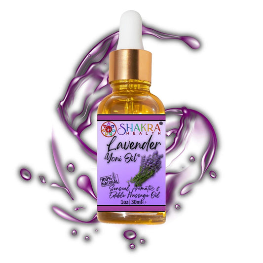 30ml bottle of Shakra Health lavender yoni oil with a gold dropper, set against a purple liquid splash background.